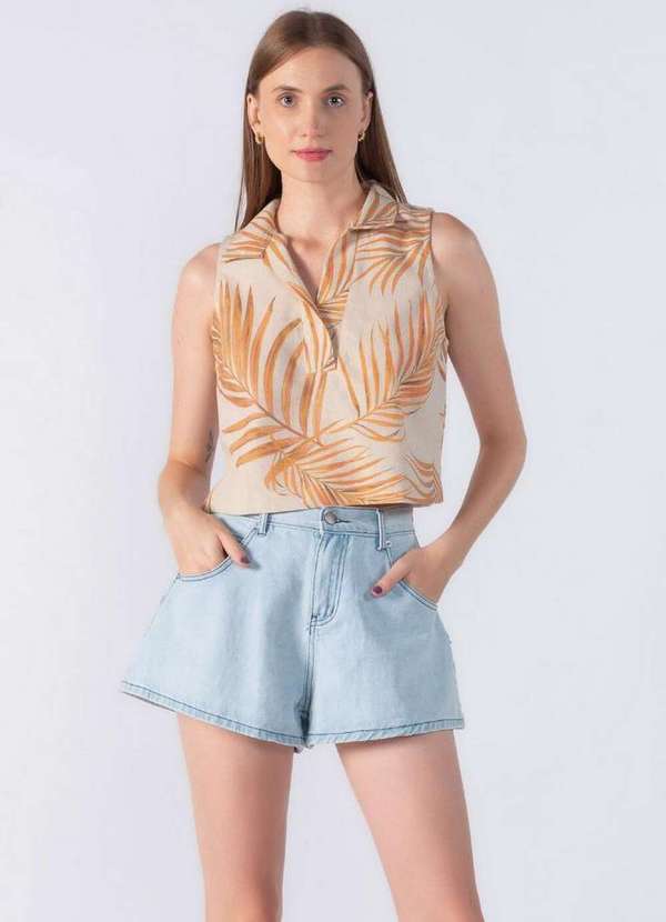Lamis - Blusa Curta Estampada com Gola Laranja