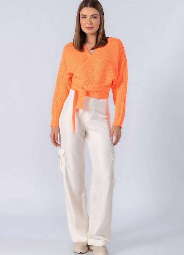 Lamis - Blusa Curta Tricot com Amarracao Laranja