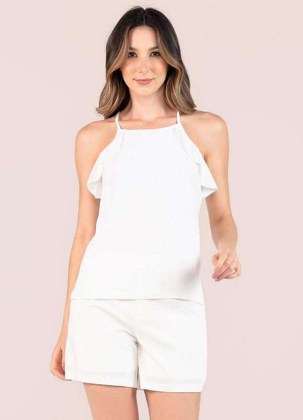 Lamis - Blusa em Algodao com Babado Decote Fechado Off White
