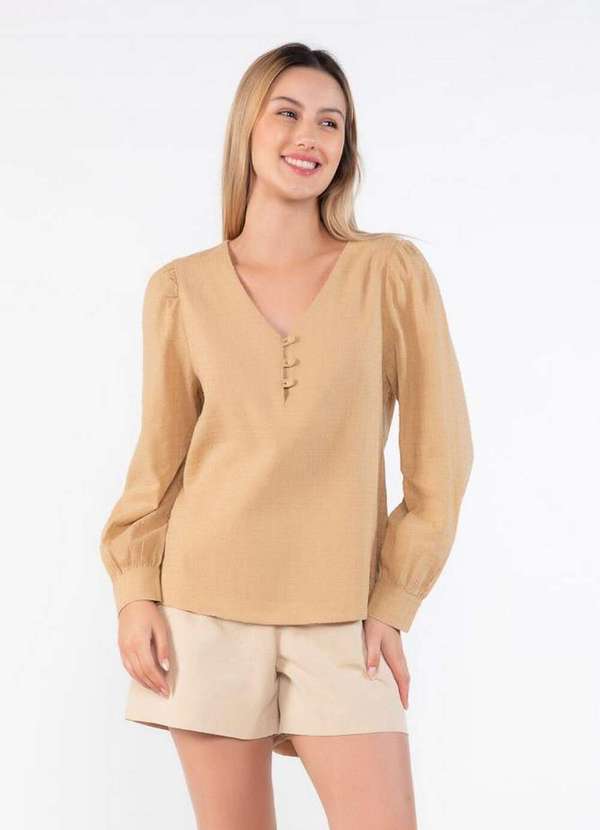 Lamis - Blusa em Algodao Decote V com Botoes Bege