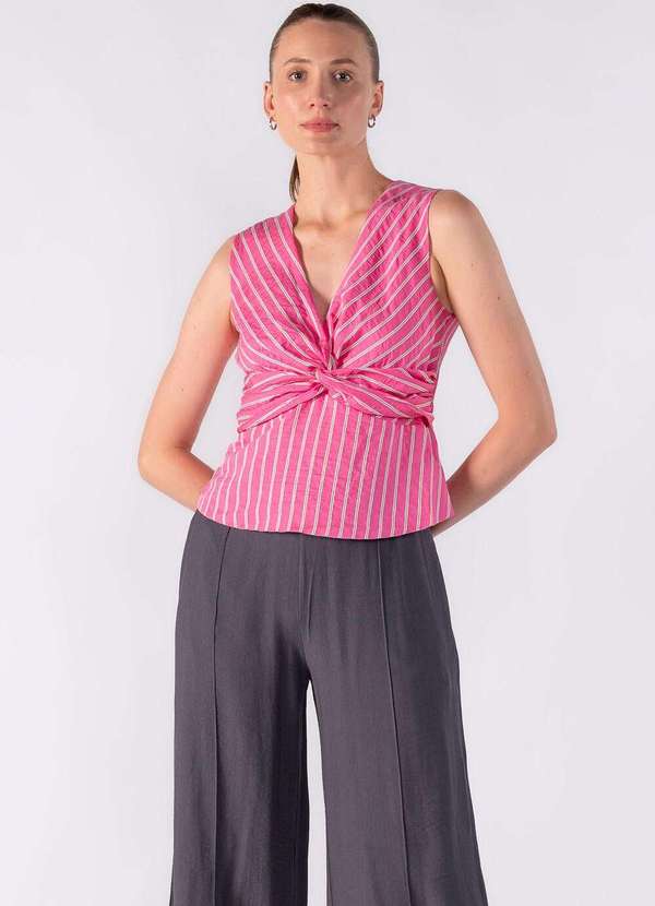 Lamis - Blusa em Listras Peplum com Detalhe no Busto Rosa