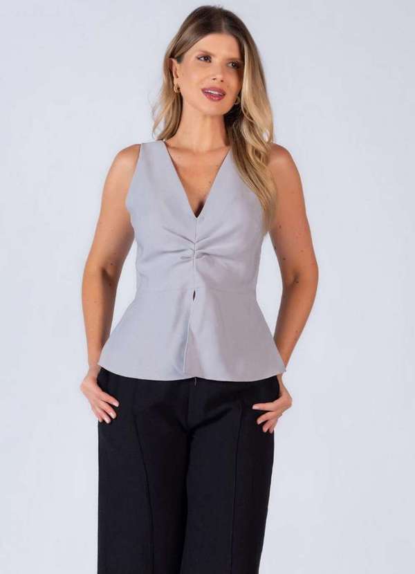 Lamis - Blusa em Poliester Franzida com Ziper Cinza
