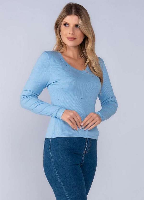 Lamis - Blusa em Viscose Canelada Pedraria Decote V Azul Claro