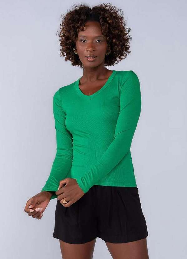 Lamis - Blusa em Viscose Decote V Manga Longa Verde