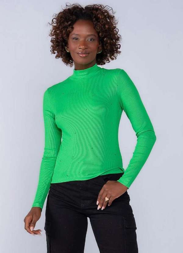 Lamis - Blusa em Viscose Manga Longa e Pedraria Verde