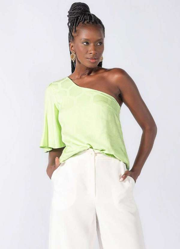 Lamis - Blusa Jacquard Colmeia um Ombro Verde 2