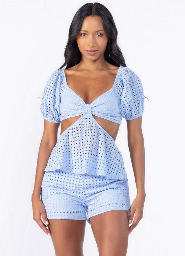 Lamis - Blusa Laise Recorte Manga Bufante Azul