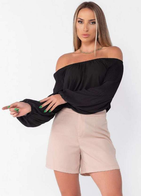 Lamis - Blusa Lisa com Manga Plissada Preto