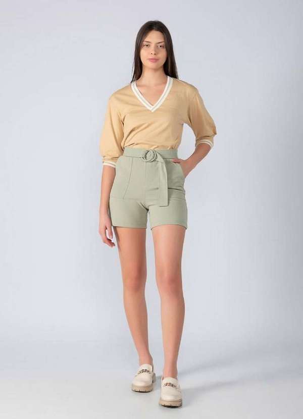 Lamis - Blusa Manga 7/8 Algodao Decote em V Caqui