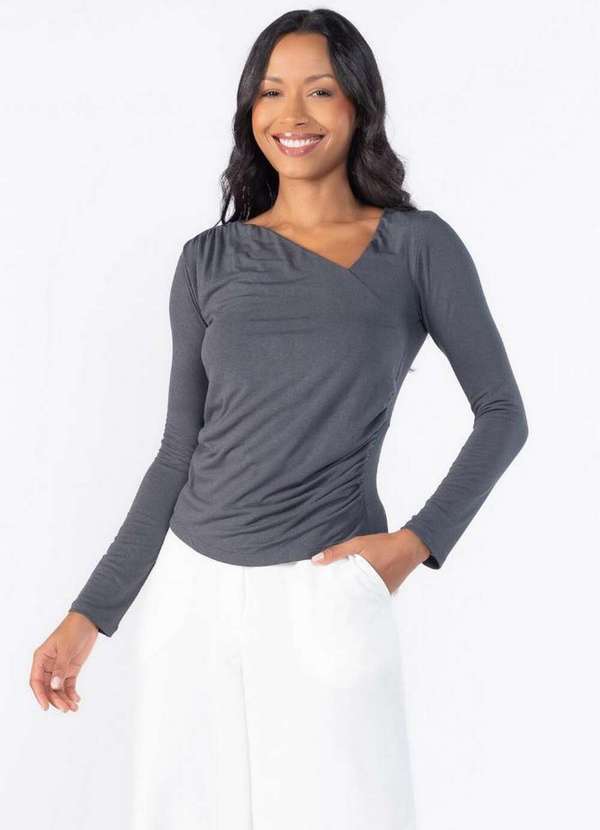Lamis - Blusa Manga Longa Franzida Cinza