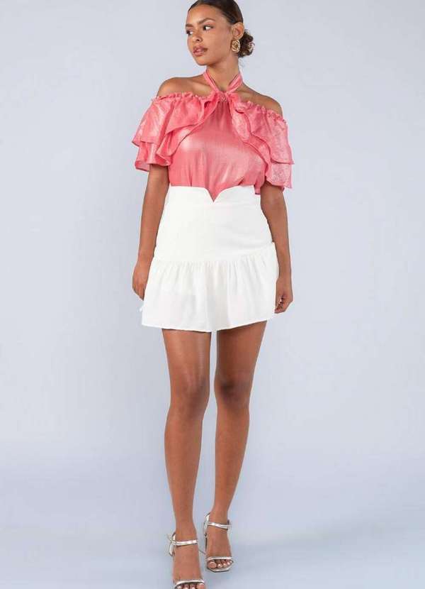 Lamis - Blusa Manga Ombro a Ombro Babado e Laço Rosa