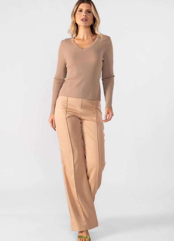 Lamis - Blusa Modal Decote V Manga Longa Bege 2