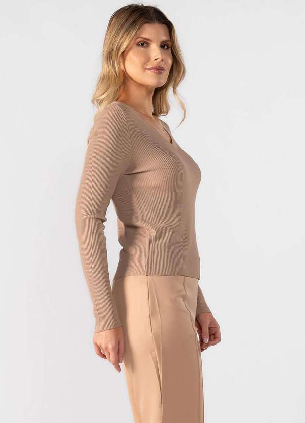 Lamis - Blusa Modal Decote V Manga Longa Bege 3