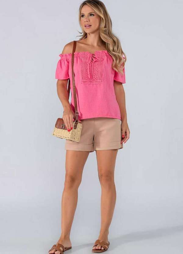 Lamis - Blusa Ombro a Ombro Guippir Frontal Rosa