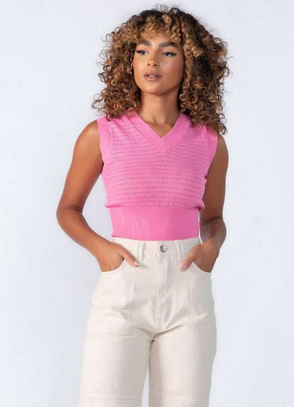 Lamis - Blusa Regata Curta com Furinhos Rosa