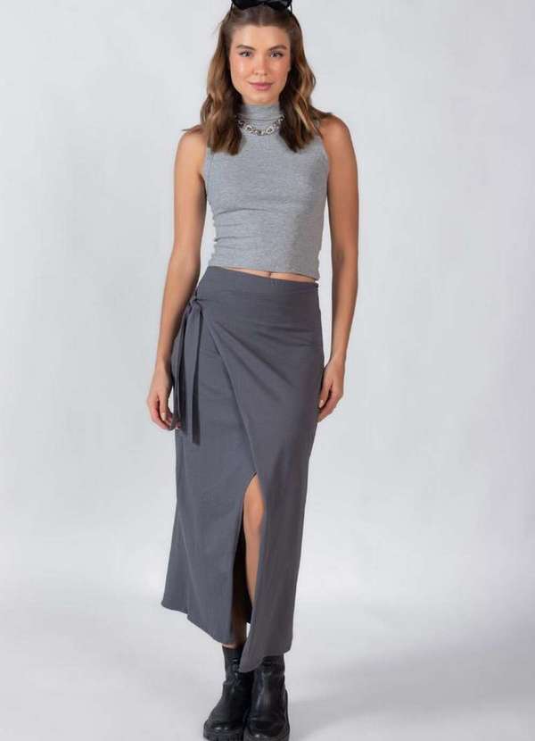 Lamis - Blusa Regata em Viscose Gola Alta Cinza Claro