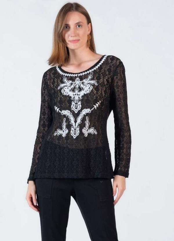 Lamis - Blusa Renda Guippir com Botoes Preto 2