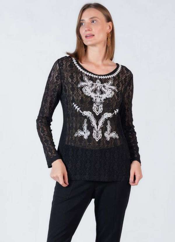 Lamis - Blusa Renda Guippir com Botoes Preto 3