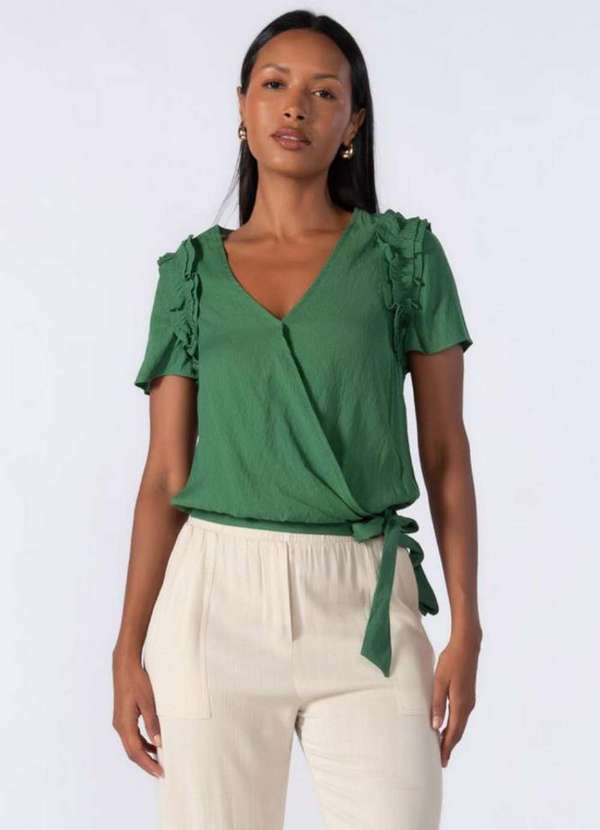 Lamis - Blusa Transpassada Babado na Manga Verde