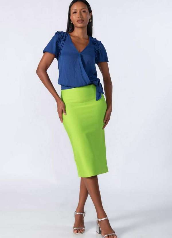 Lamis - Blusa Transpassada Babado na Manga Azul