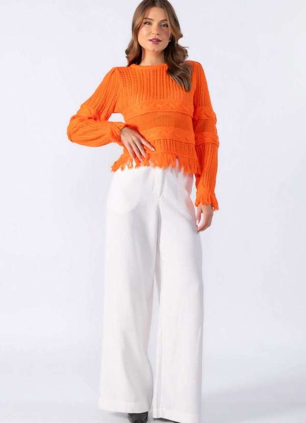 Lamis - Blusa Tricot com Franja Laranja