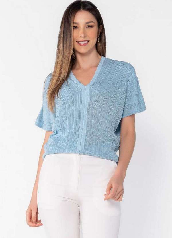 Lamis - Blusa Tricot Decote V Manga Morcego Azul
