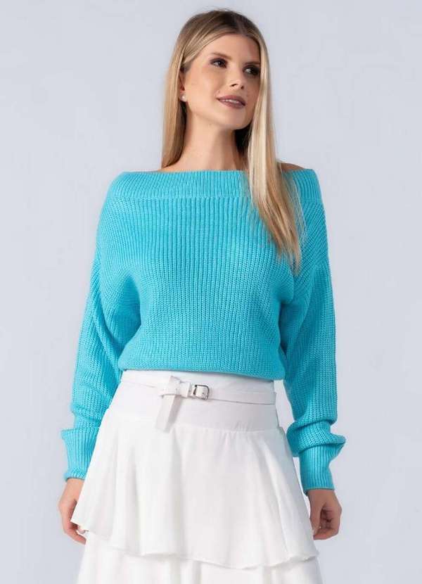 Lamis - Blusa Tricot Manga Longa Gola Canoa Azul