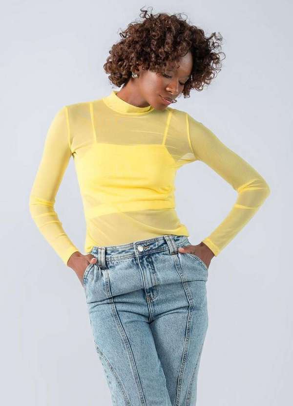 Lamis - Blusa Tule Manga Longa Top Recortes Amarelo 2