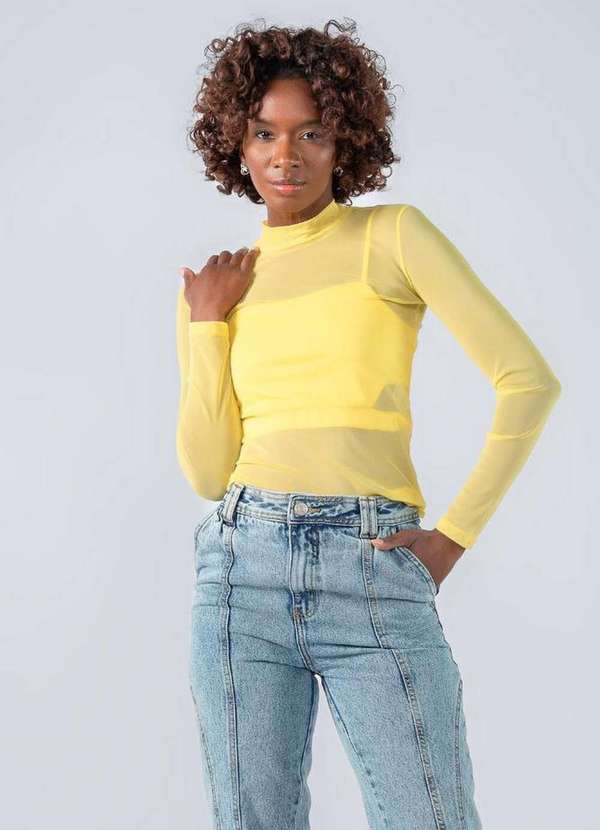 Lamis - Blusa Tule Manga Longa Top Recortes Amarelo 3