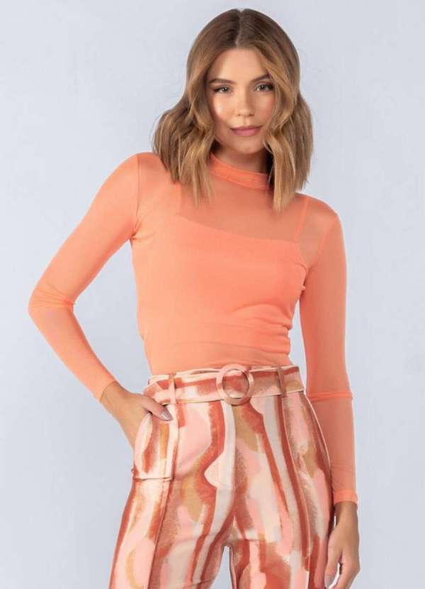 Lamis - Blusa Tule Manga Longa Top Recortes Salmao