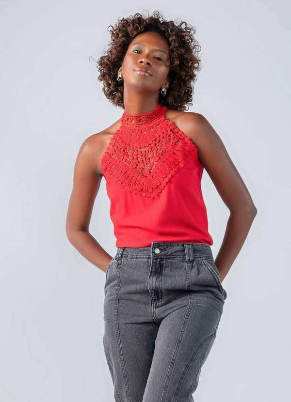 Lamis - Blusa Viscolinho Guippir Cava Americana Vermelho