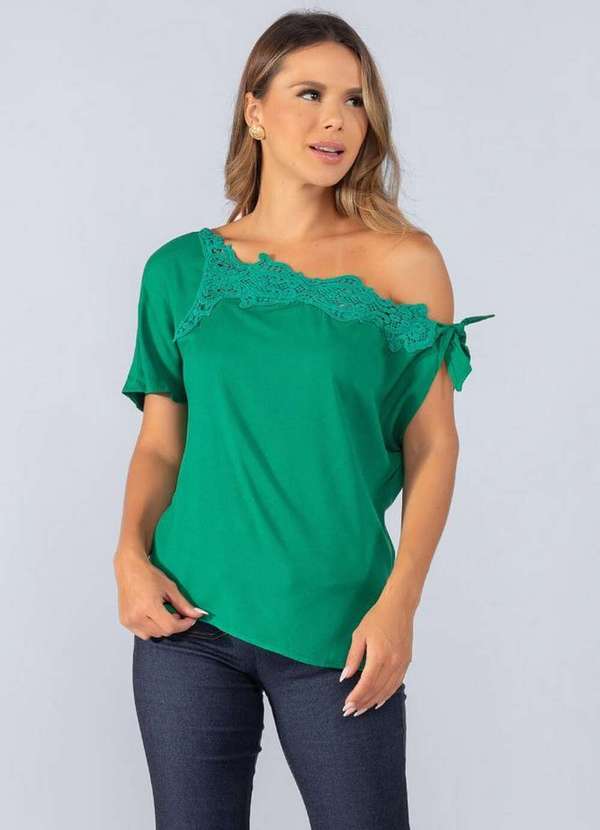 Lamis - Blusa Viscose Assimetrica Aplicacao em Guippir Verde