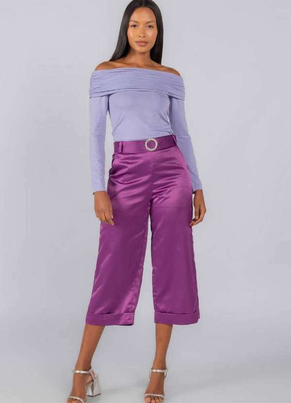 Lamis - Blusa Viscose Decote Ombro a Ombro Manga Longa Lilas