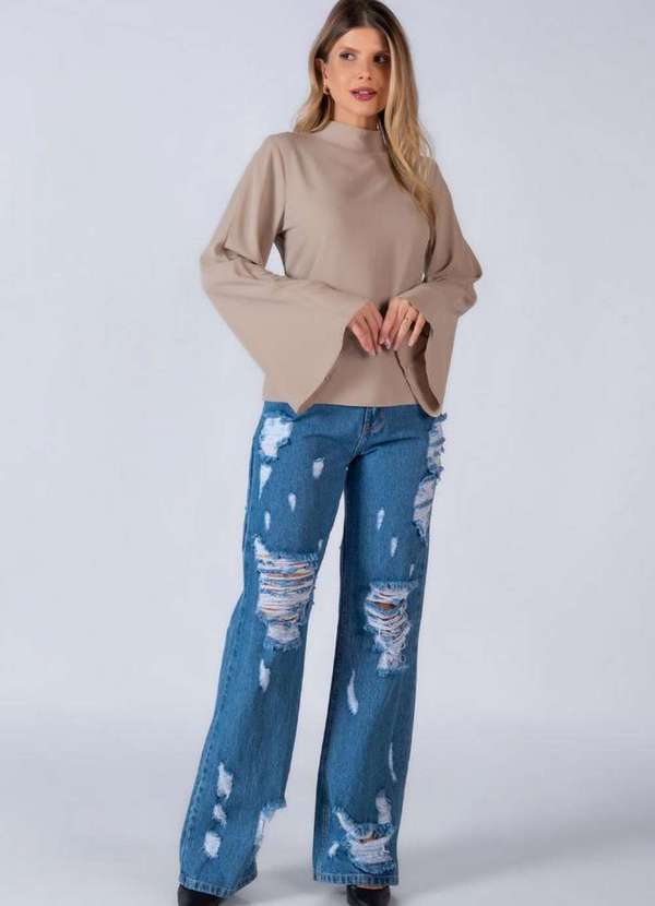 Lamis - Camisa Aberta nas Costas em Poliester Caqui