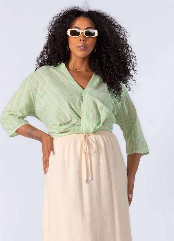 Lamis - Camisa Cropped em Algodao Listrada Verde