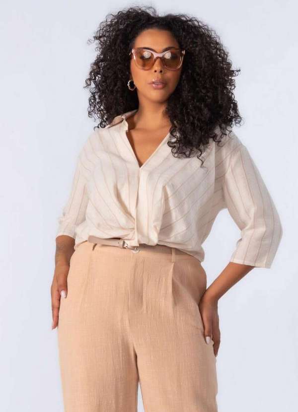 Lamis - Camisa Cropped em Algodao Listrada Bege 2
