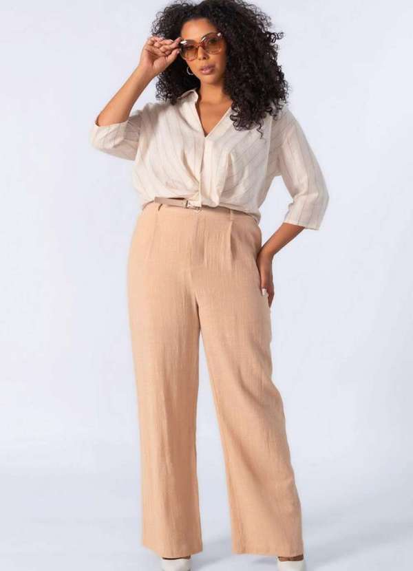 Lamis - Camisa Cropped em Algodao Listrada Bege 3