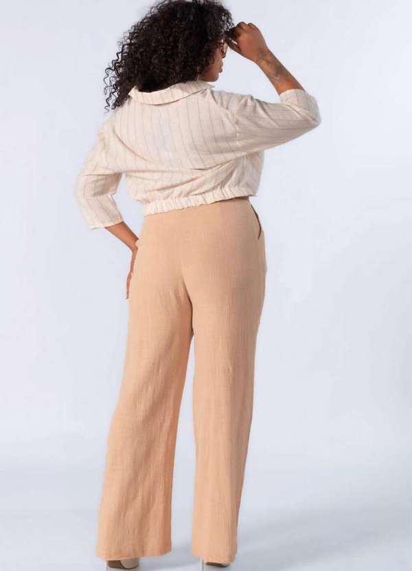 Lamis - Camisa Cropped em Algodao Listrada Bege 4