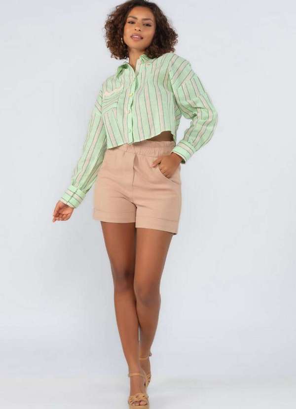 Lamis - Camisa Cropped Listrada em Algodao com Bolso Verde