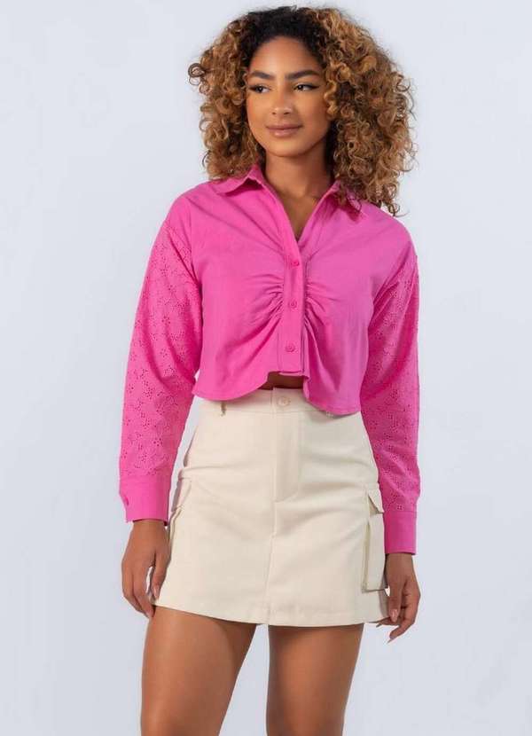 Lamis Camisa Cropped Manga Corte Laise Rosa