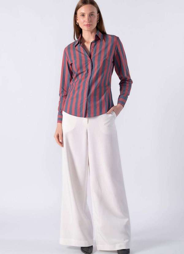 Lamis - Camisa de Manga Longa Gola Tradicional e Listra Larga Vermelho