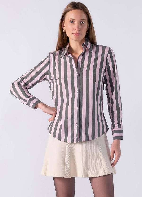 Lamis - Camisa de Manga Longa Gola Tradicional e Listra Larga Rosa 2