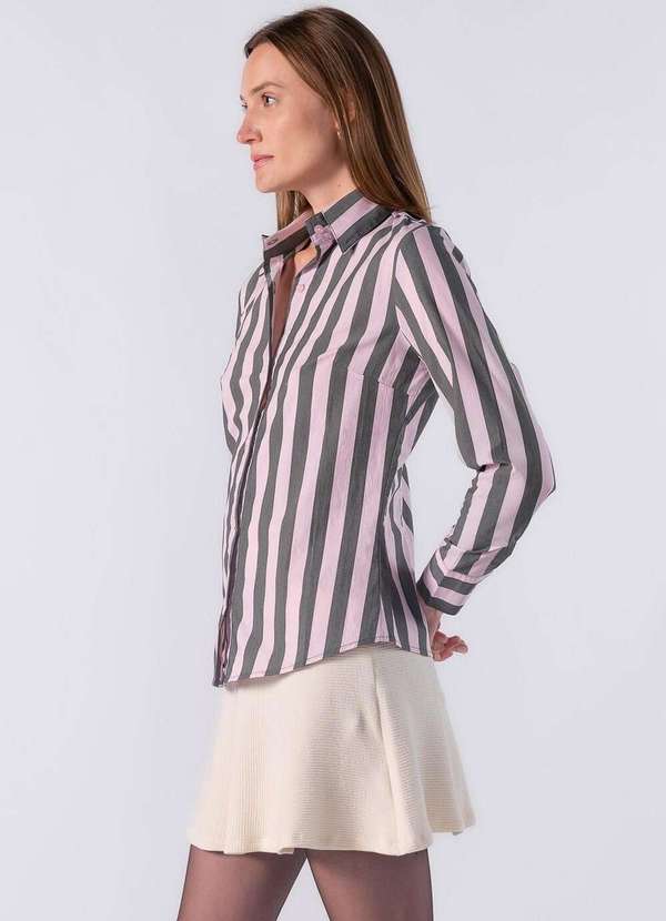 Lamis - Camisa de Manga Longa Gola Tradicional e Listra Larga Rosa 3