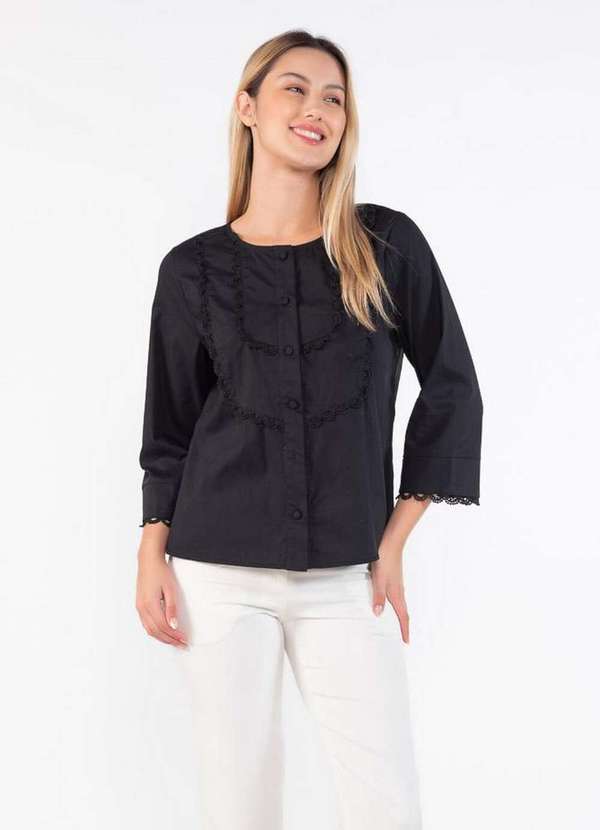 Lamis - Camisa em Algodao com Aplicacoes em Guipir Preto