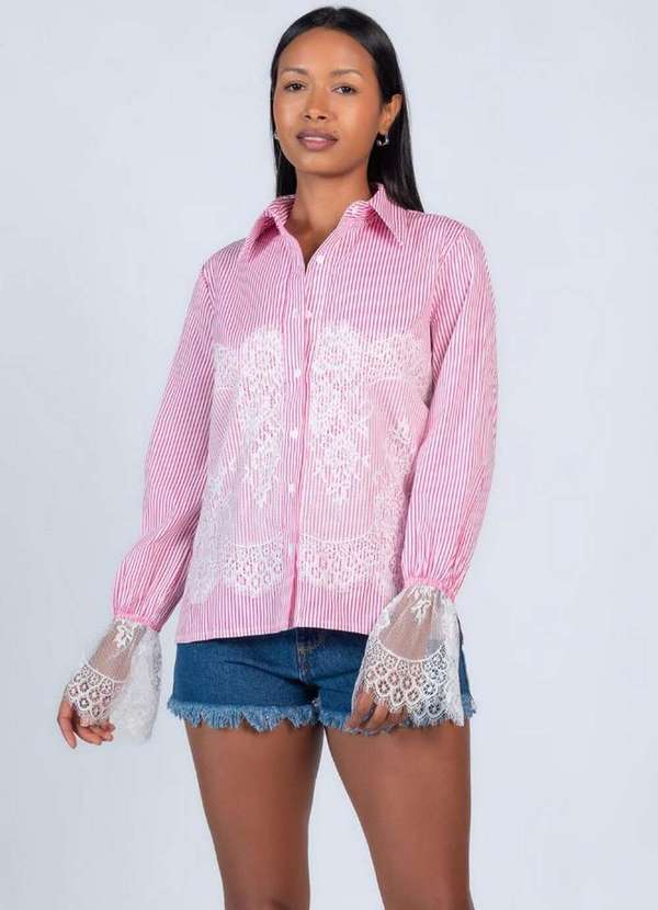 Lamis - Camisa em Algodao Renda Rosa