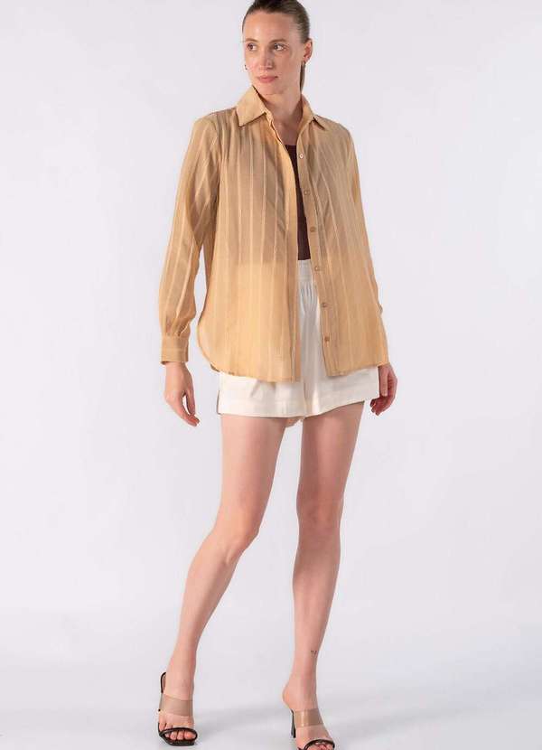 Lamis - Camisa em Chiffon com Detalhes em Lurex Caqui