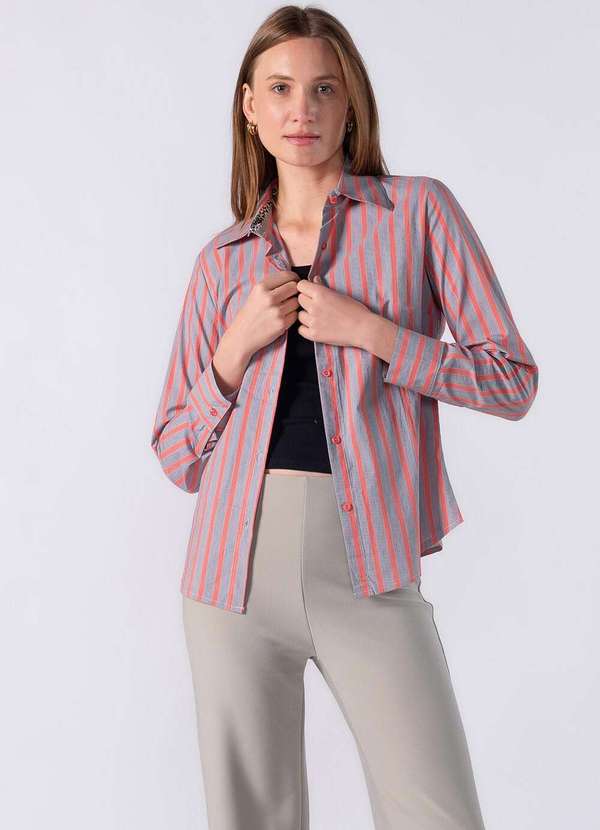 Lamis - Camisa Listrada com Detalhe Estampado no Punho Laranja