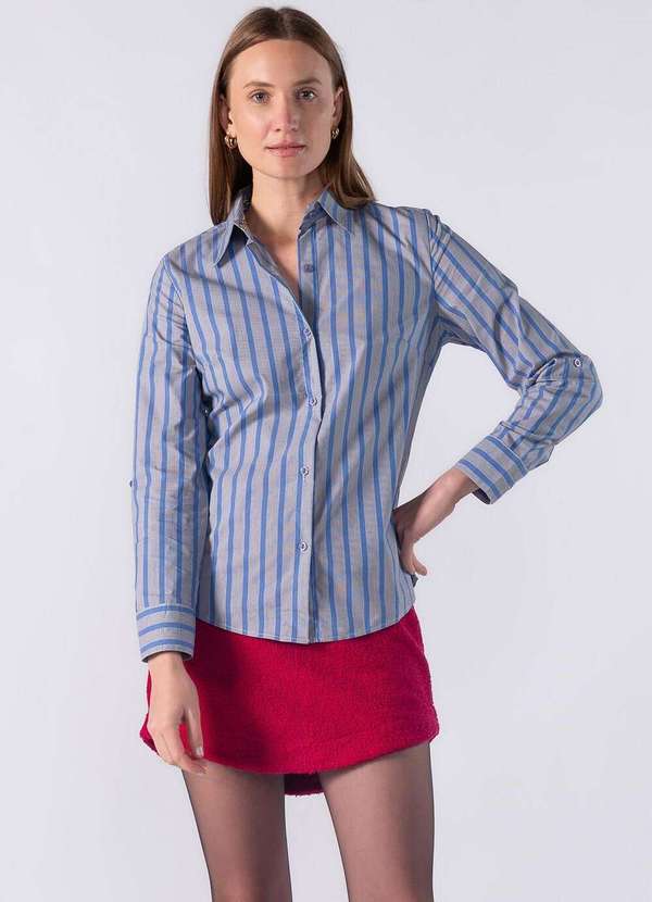 Lamis - Camisa Listrada com Detalhe Estampado no Punho Azul