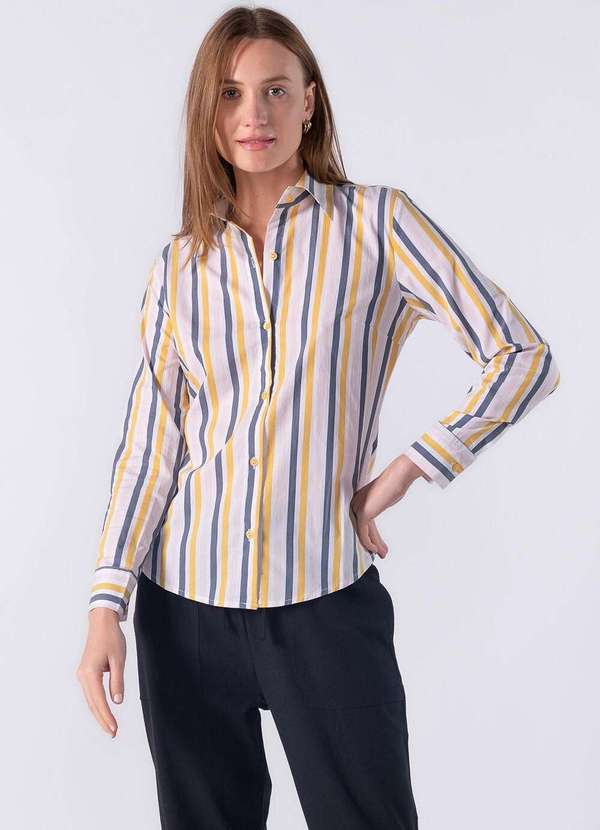 Lamis - Camisa Listrada e Fechamento Frontal Por Botões Amarelo