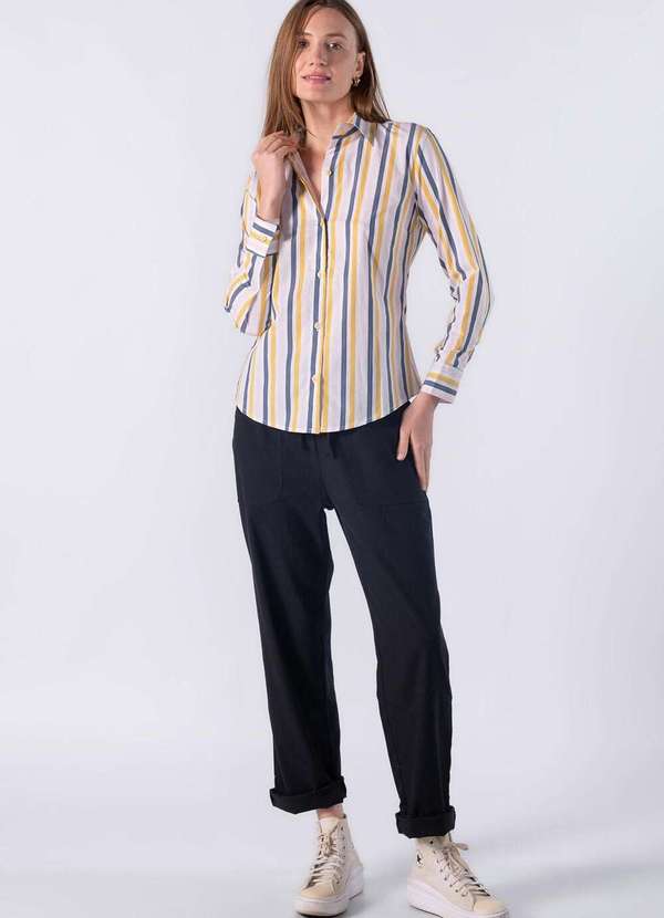 Lamis - Camisa Listrada e Fechamento Frontal Por Botões Amarelo 2